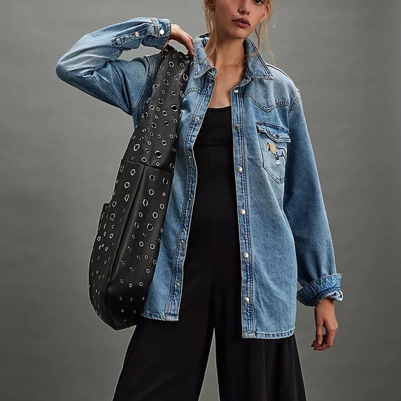 NWT Free People Understated Leather Horsey Denim Shirt. Size Medium - Picture 4 of 11